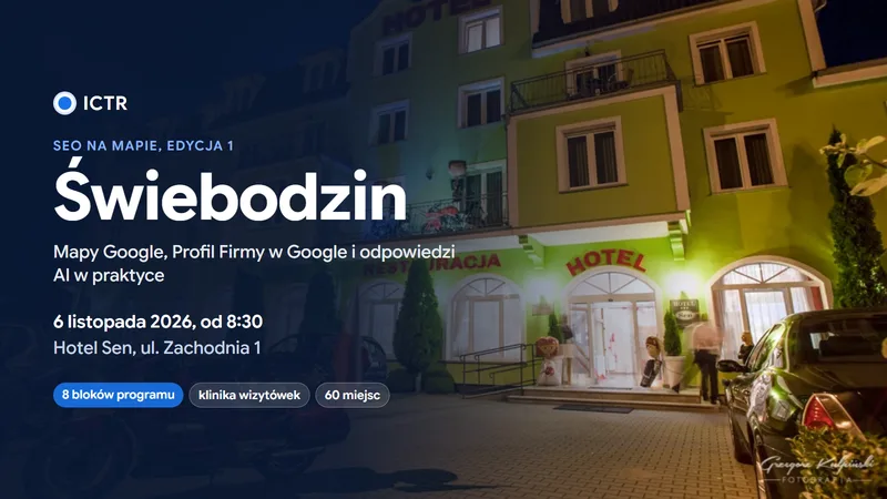 Hotel Sen w Świebodzinie wieczorem, na zdjęciu nazwa wydarzenia SEO na mapie, data 6 listopada 2026 i adres
